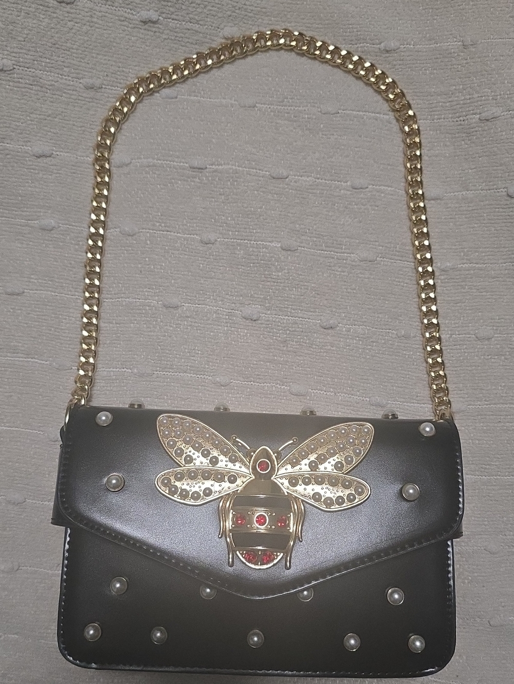 Black Chain Shoulder Bag with Gold Bee Accent